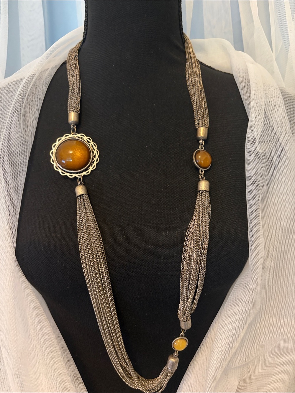 Multi-Chain Necklace with Amber-Tone Cabochons